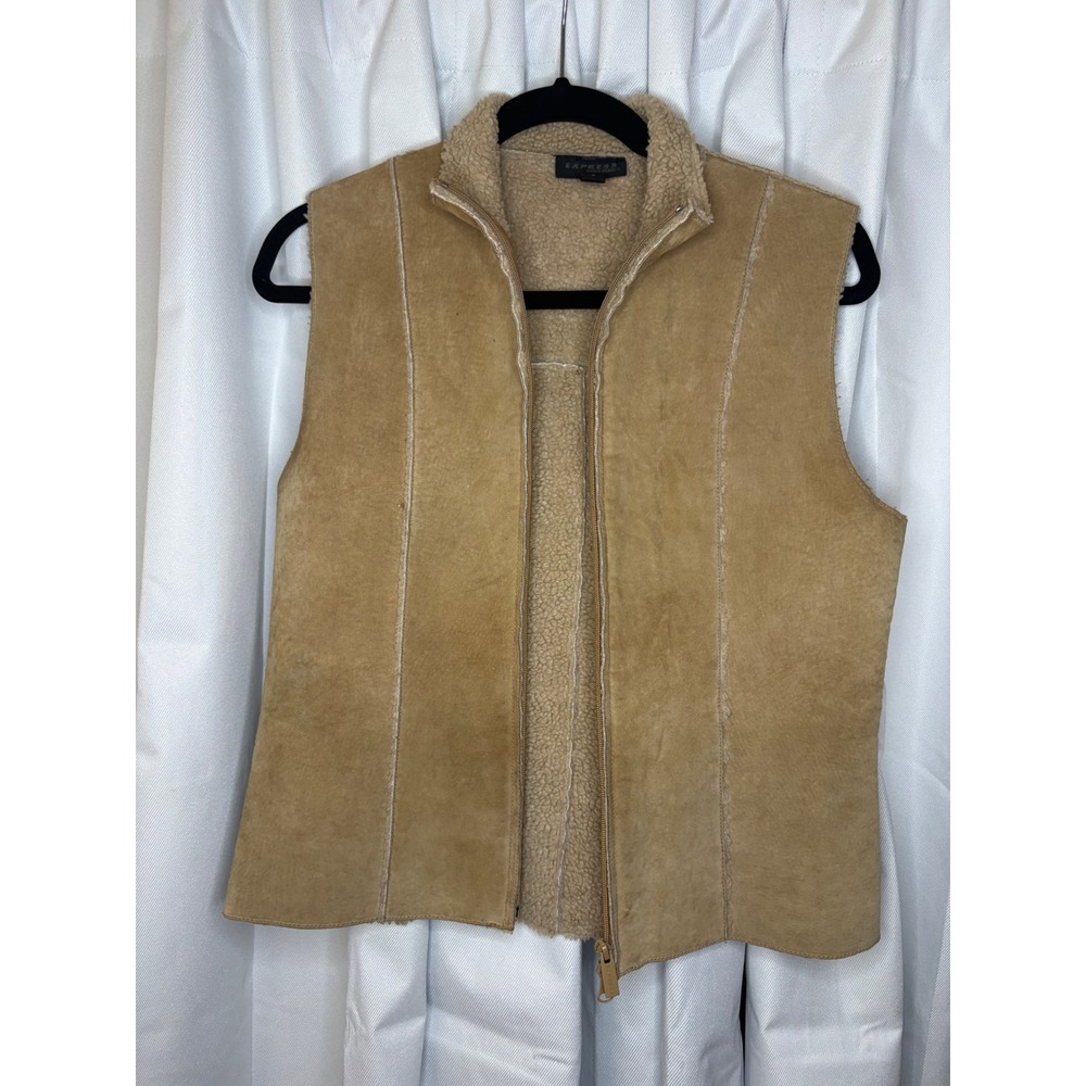 Vintage Express Tan Suede Leather Sherpa Lined Vest Y2K Boho Western